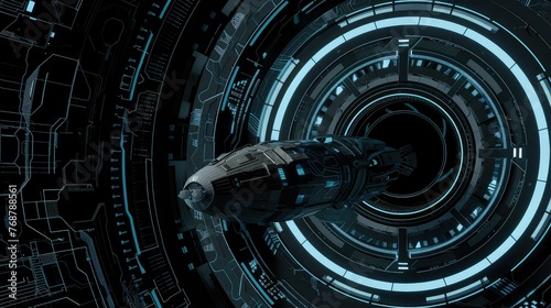 A black background with a futuristic spaceship, in the style of webcore, light blue and gray.