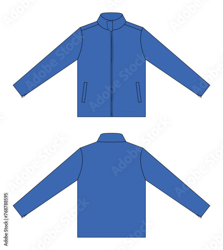 Blank blue jacket with a hidden zipper template on a white background. Front and back views, vector file.