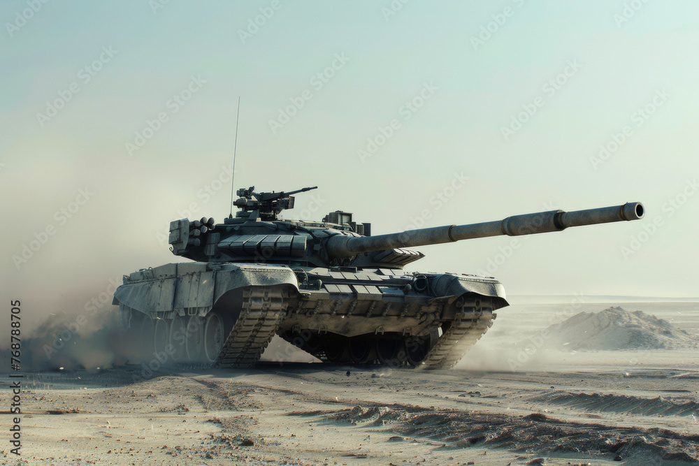 A formidable battle tank kicks up dust while thundering across the desert.