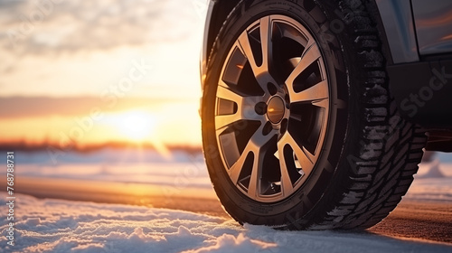 Close-Up of Car Tire on Snowy Road at Sunset