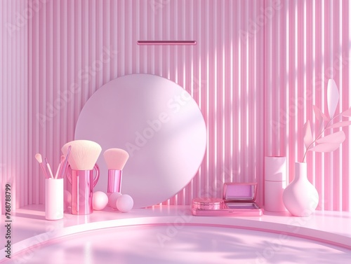 A pink room with a mirror and a vanity with a pink vase and a pink bowl