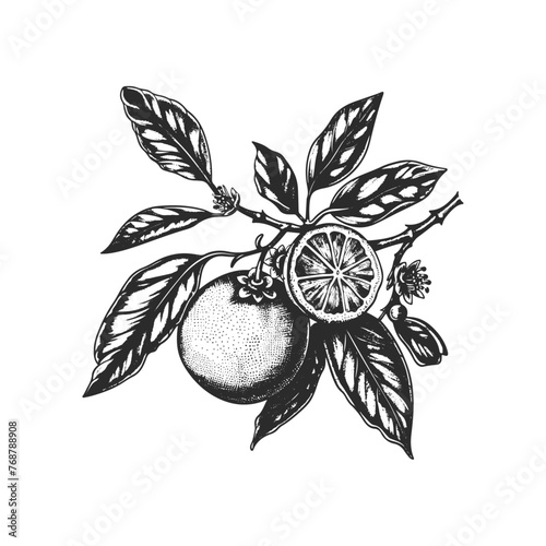 A orange tree. Tree branch have many leaves and orange fruit with blossom, vintage line drawing or engraving illustration isolated 