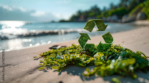 Green recycle symbol on beach with blurred sea background, representing sustainability and eco-friendly mindset.