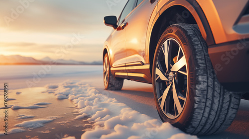 Sleek SUV on Icy Road at Sunset in Winter Landscape © heroimage.io
