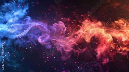 Color smoke. Paint water splash. Fire flame. Cosmic stardust. Red blue glowing glitter vapor texture on dark black abstract art background with free space.