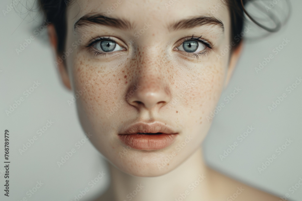 Striking portrait of a young person with freckles and blue eyes. Striking portrait of a young person with freckles and blue eyes.