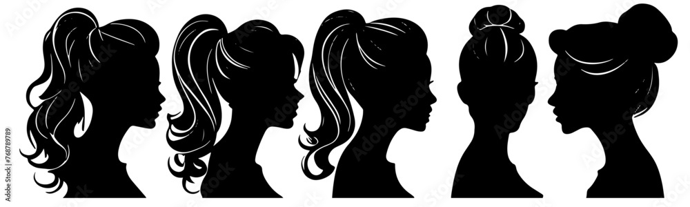 Set of four vector woman head with different hairstyles silhouettes - fashion and beauty illustration Set of four vector woman head with different hairstyles silhouettes - fashion and beauty illustration