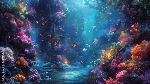fantastical underwater world inhabited by colorful coral reefs, exotic sea creatures, and ancient shipwrecks. #768789741