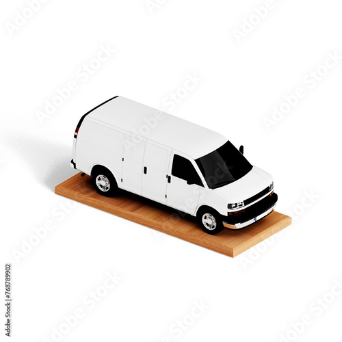 Creative concept isometric view of mini van toy figure isolated on plain background , suitable for your assets element.