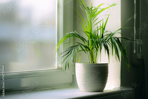 A peaceful potted palm basks in the gentle glow of morning sunlight by a window.