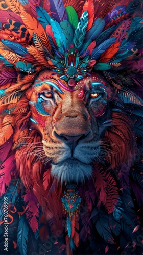 Vertical background with bright colored exotic Lion. © Elena