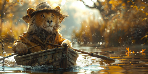 Adventurous Lion Sailing Through Autumn River Golden Hour Banner