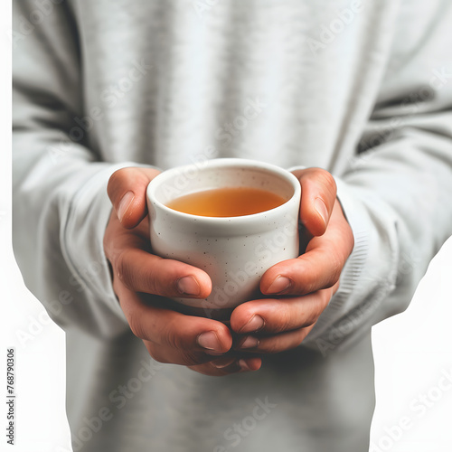 Person holding a cup of tea isolated on white background  minimalism  png 