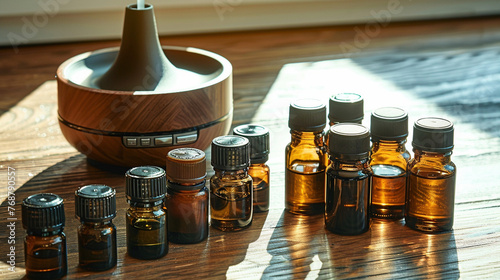 Aromatherapy Essential Oils and Diffuser on Wooden Table