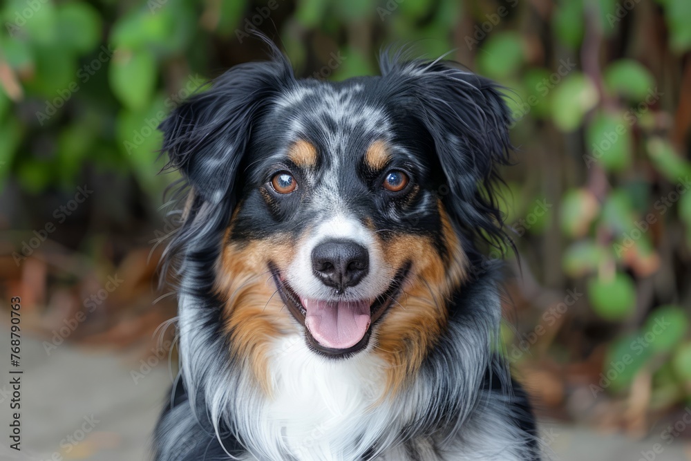 Close up Portrait of a Smiling Australian Shepherd Dog Against a Green Leafy Background