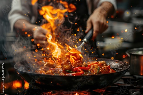 Close-up of expert chefs cooking food over a fire. Generative Ai