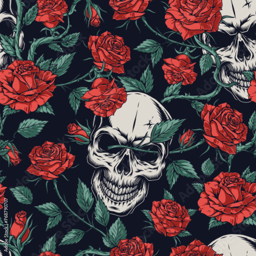 Floral skulls colorful seamless pattern