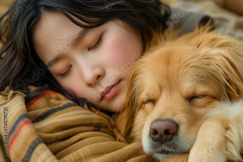 Young Woman and Her Golden Retriever Enjoying a Cozy Nap Together on a Plaid Blanket