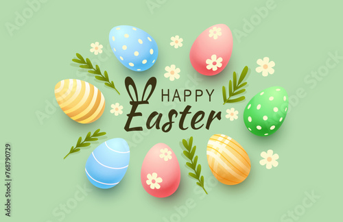 Easter holiday  hare with a basket of Easter eggs  Easter bunny and eggs. Vector illustration