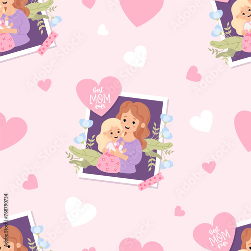 Seamless pattern with portrait happy woman mother with daughter with flowers on pink background with hearts. Vector illustration. Mothers holiday confession