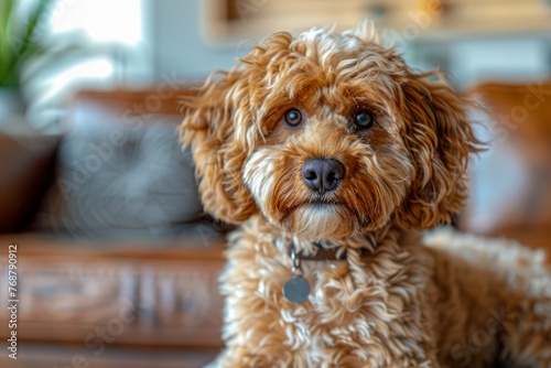 Adorable Curly haired Apricot Goldendoodle Dog Sitting Indoors with a Curious Expression