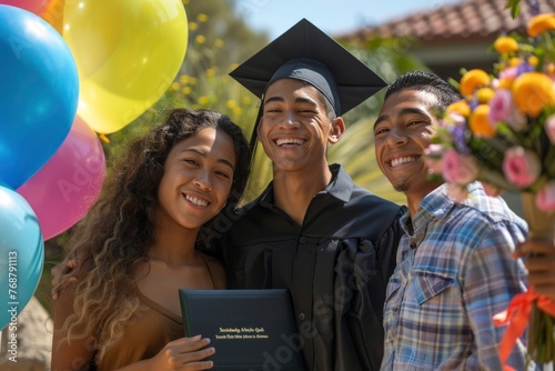 Radiant smiles shine at a graduation ceremony, with a young Latino graduate flanked by delighted siblings, surrounded by colorful balloons