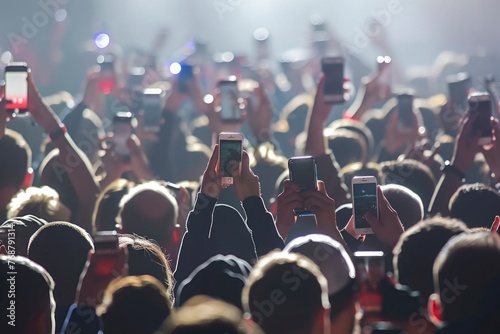 Captivated audience with smartphones in hand, capturing the glowing stage lights at a vibrant live concert.