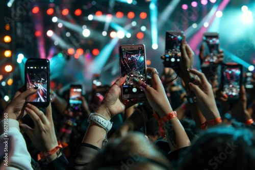 Captivated audience with smartphones in hand, capturing the glowing stage lights at a vibrant live concert. © NS