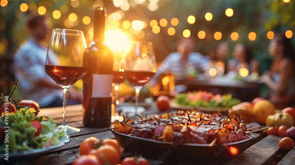 Backyard dinner table have a tasty grilled BBQ meat, Salads and wine with happy joyful people on background Backyard dinner table have a tasty grilled BBQ meat, Salads and wine with happy joyful people on background