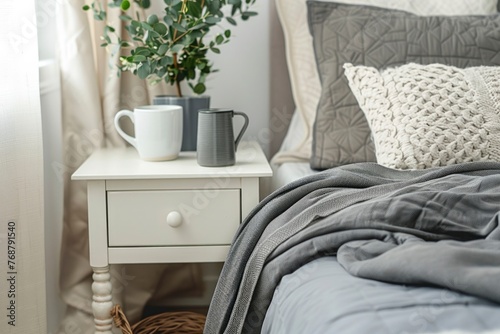 Morning light graces a white nightstand, flanked by a grey bed with a chunky knit pillow and eucalyptus.