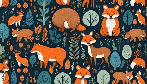 Seamless pattern with cute foxes with autumn leaves. Hand-drawn childish background with wild animals in the forest. Endless kid's texture for apparel, textiles, and prints. © Farjana Fim