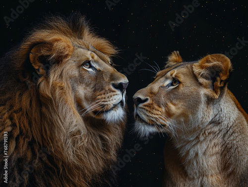 Lion couple on a black background