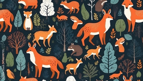 Seamless pattern with cute foxes with autumn leaves. Hand-drawn childish background with wild animals in the forest. Endless kid's texture for apparel, textiles, and prints.