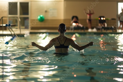 fitness instructor leading aqua aerobics in a lit pool