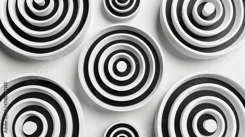 Optical illusion of volume. Round vector isolated black and white pattern on a white background. Circles of black and white alternating strips  nested into each other.