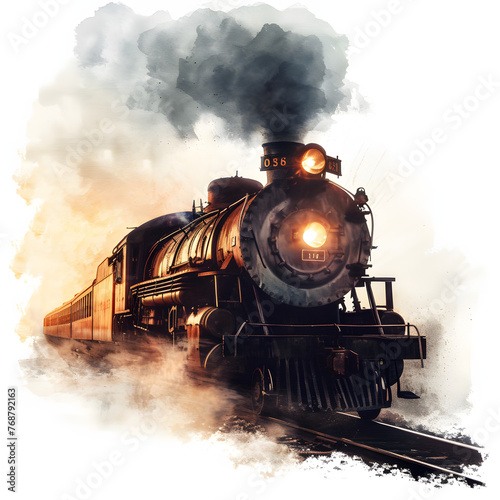 Vintage train passing through isolated on white background, minimalism, png
