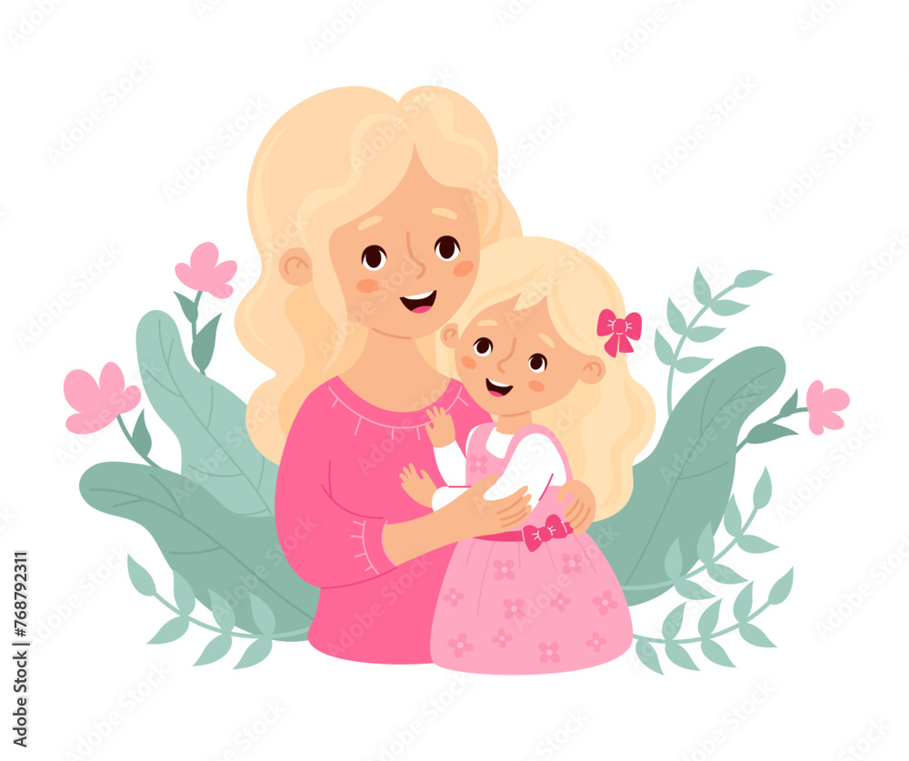 Cute woman blonde with baby daughter. Vector illustration. Happy holiday female character for birthday, Women's Day, Mother's Day design