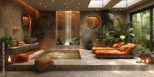 Interior of wellness center. Modern and luxury spa salon. Atmospheric lights in a room with lounges, hot tub and swimming pool