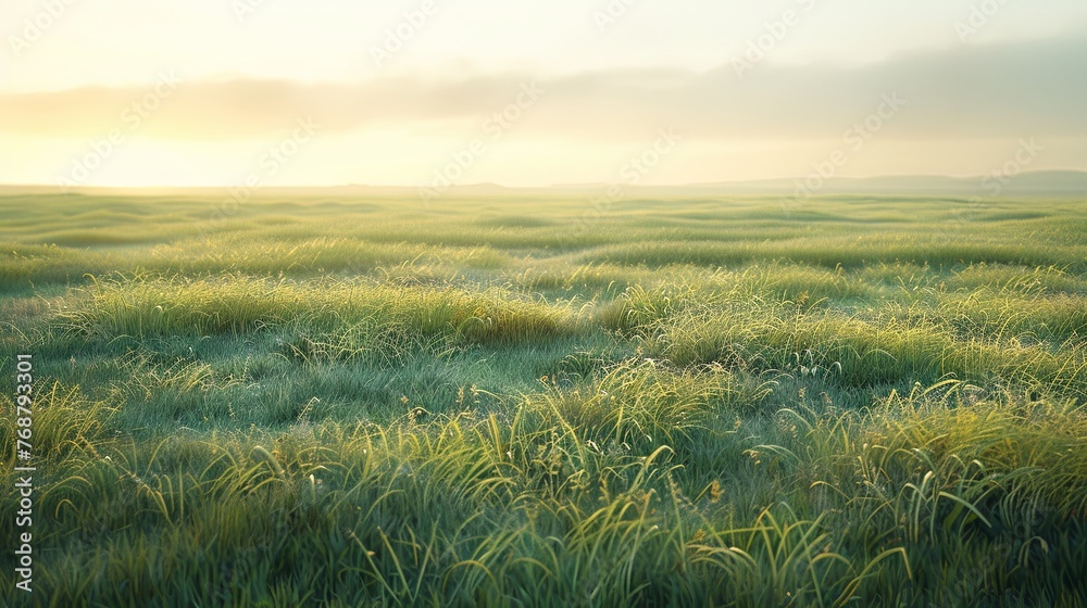 A peaceful sunrise casting warm light over undulating hills of wild grass, conveying a sense of tranquility and natural beauty. Serene Sunrise over Gentle Rolling Hills

