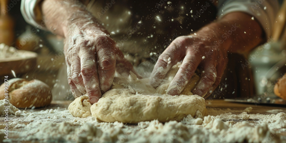 Close up of  hands kneading and stretching pizza dough on a floured surface,Pizza Process Dough Preparation, 