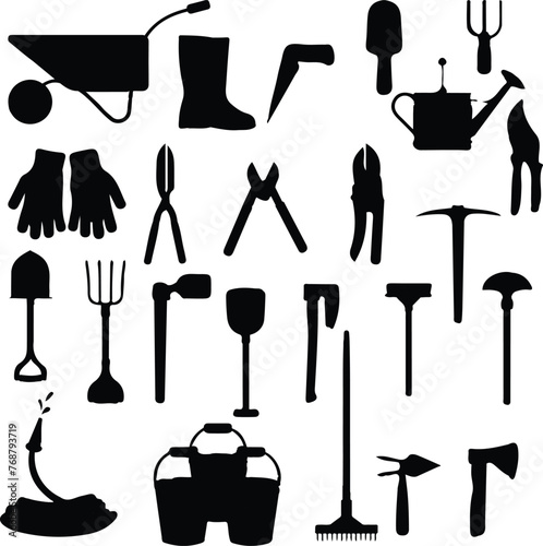 Vector pack of tools including rakes, buckets, and other items
