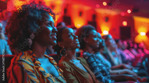 Portrait of a young black woman in a crowded cinema, her face illuminated by the light from the screen. A woman is enthusiastically watching a movie. 