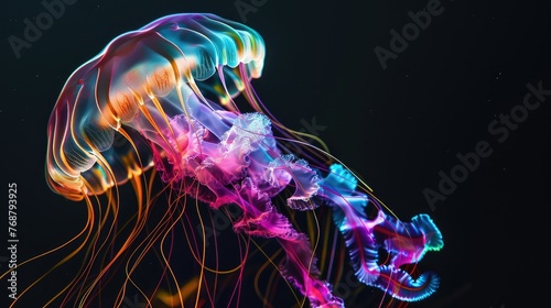 The Jellyfish is formed by colorful Light. In the background in black color. Stylish in the style of light painting. © Suwanlee