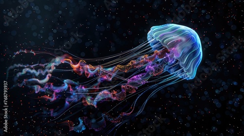 The 3D Jellyfish is formed by colorful Light. In the background in black color.