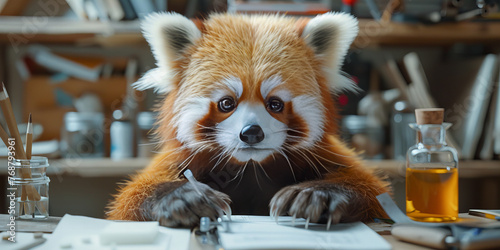 Adorable Red Panda Architect Drafting Plans in Workshop Banner