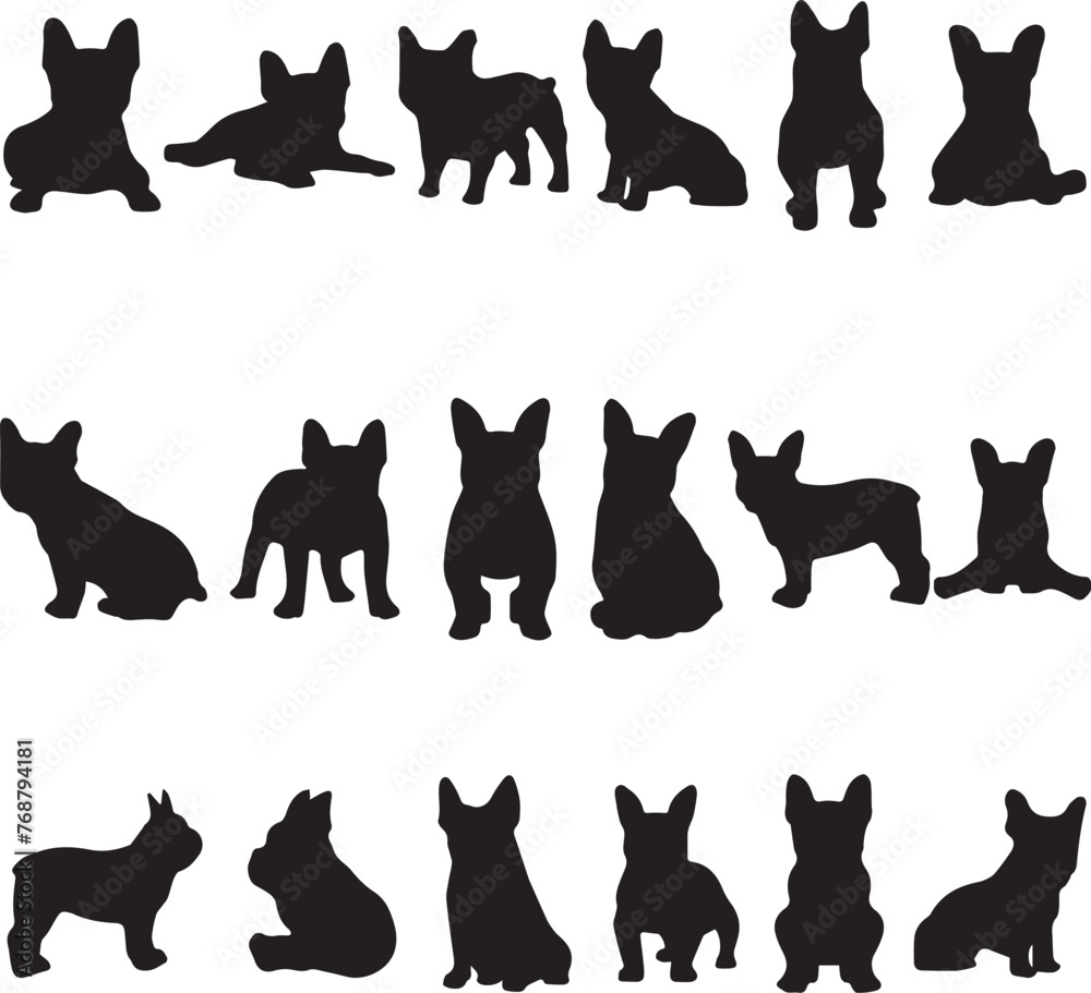 Vector pack of dogs in different poses silhouettes in black and white