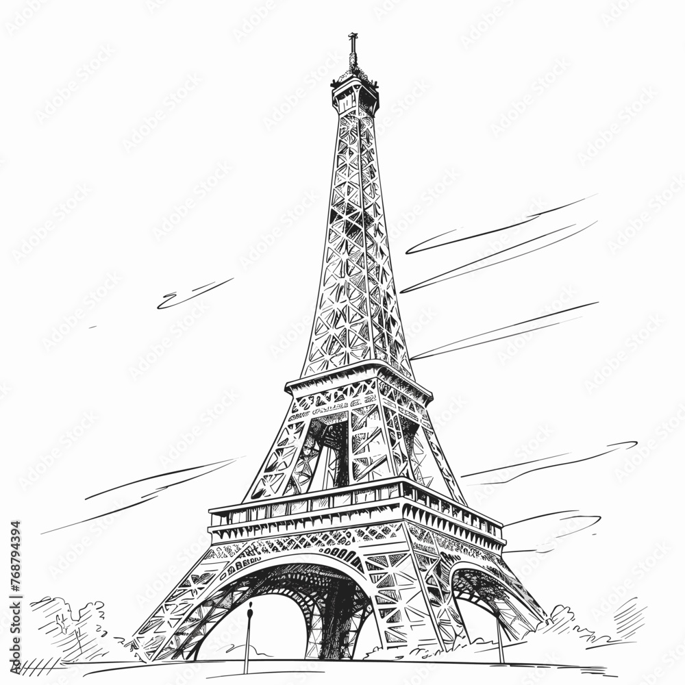 vector eiffel tower with black lines on a white background .Generative AI