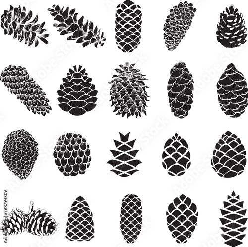 Vector illustration of pine cone silhouettes against a white background