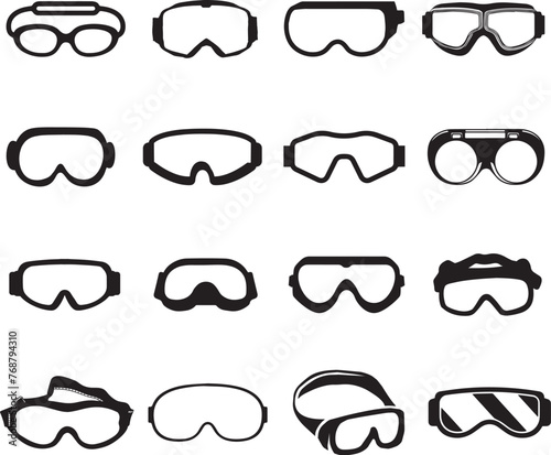 Vector illustration of an array of eyeglasses in silhouette against a white background