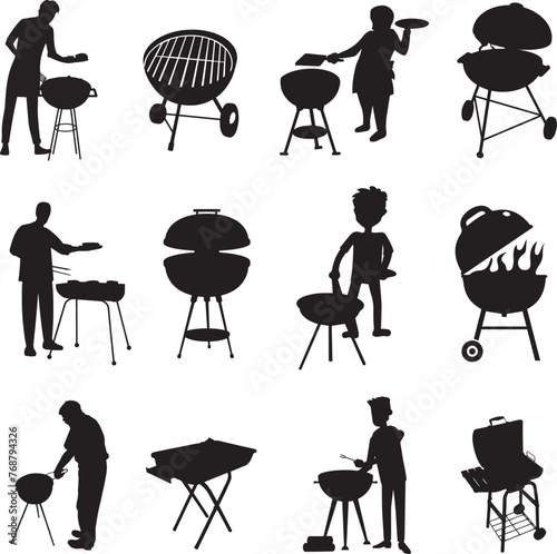 Vector illustration of people with a barbecue grill in silhouette against a white background